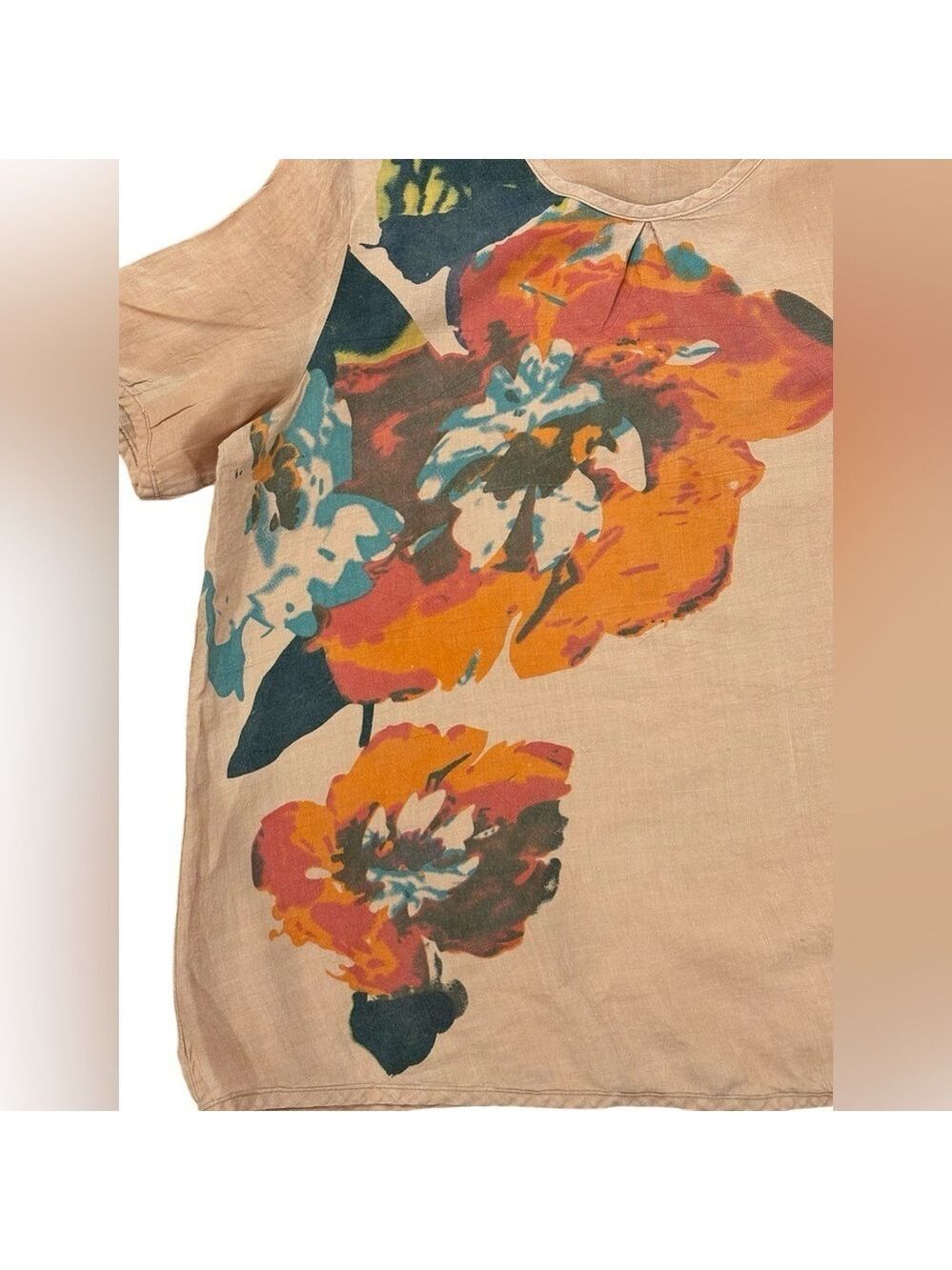 90s LINEN FLORAL OVERSIZED SCOOP NECK TOP W SHORT SLEEVE BOLD TROPICAL PRINT XL - Picture 5 of 6
